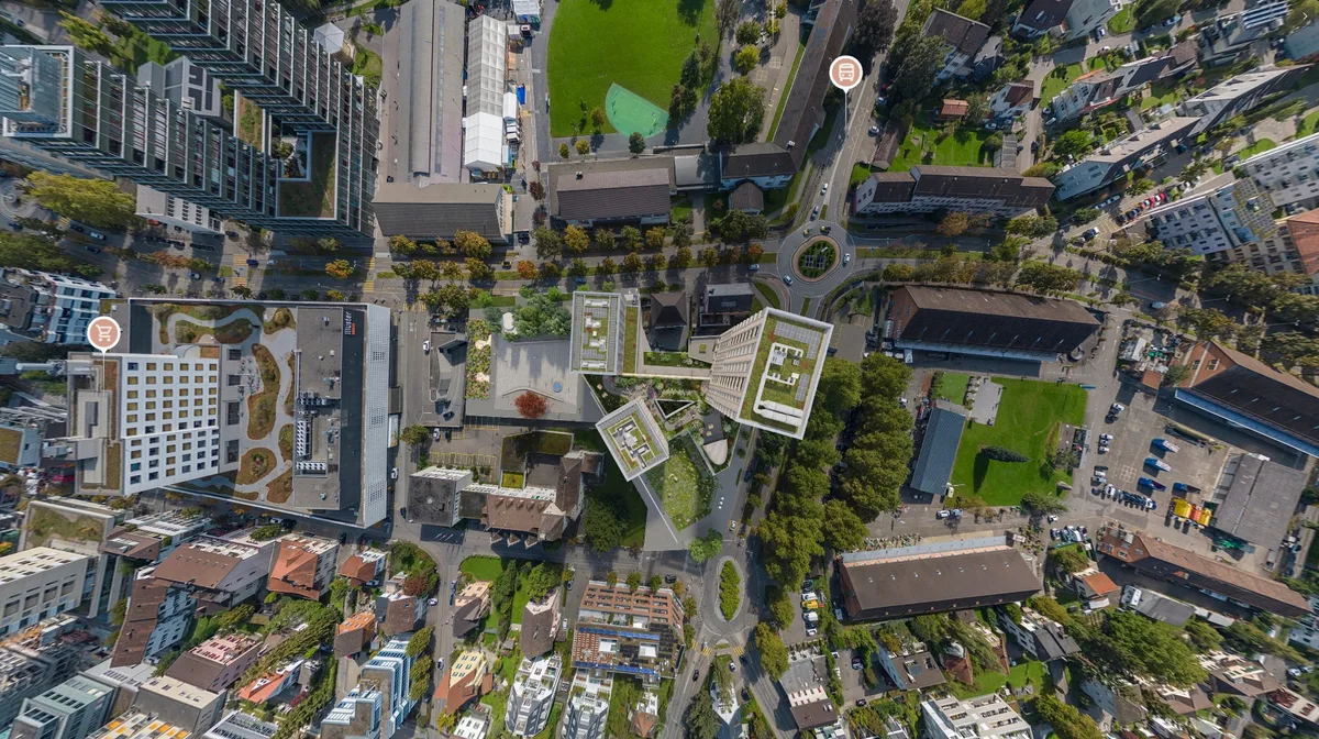 Luftbild der Überbauung Gerichtsplatz in Uster. 